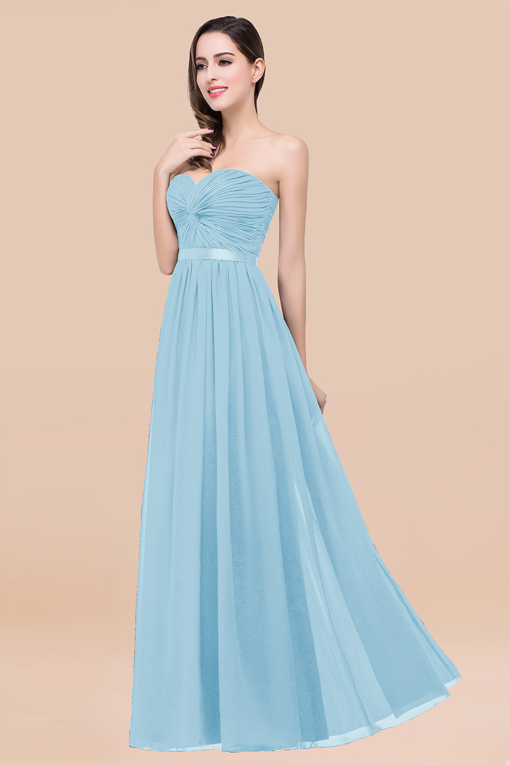 Affordable Sweetheart Ruffle Navy Chiffon Bridesmaid Dresses With Ribbon - Fashionpara