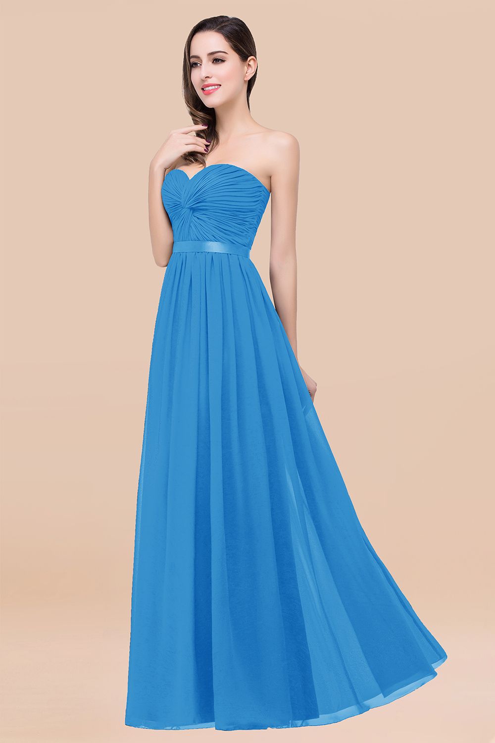 Affordable Sweetheart Ruffle Navy Chiffon Bridesmaid Dresses With Ribbon - Fashionpara