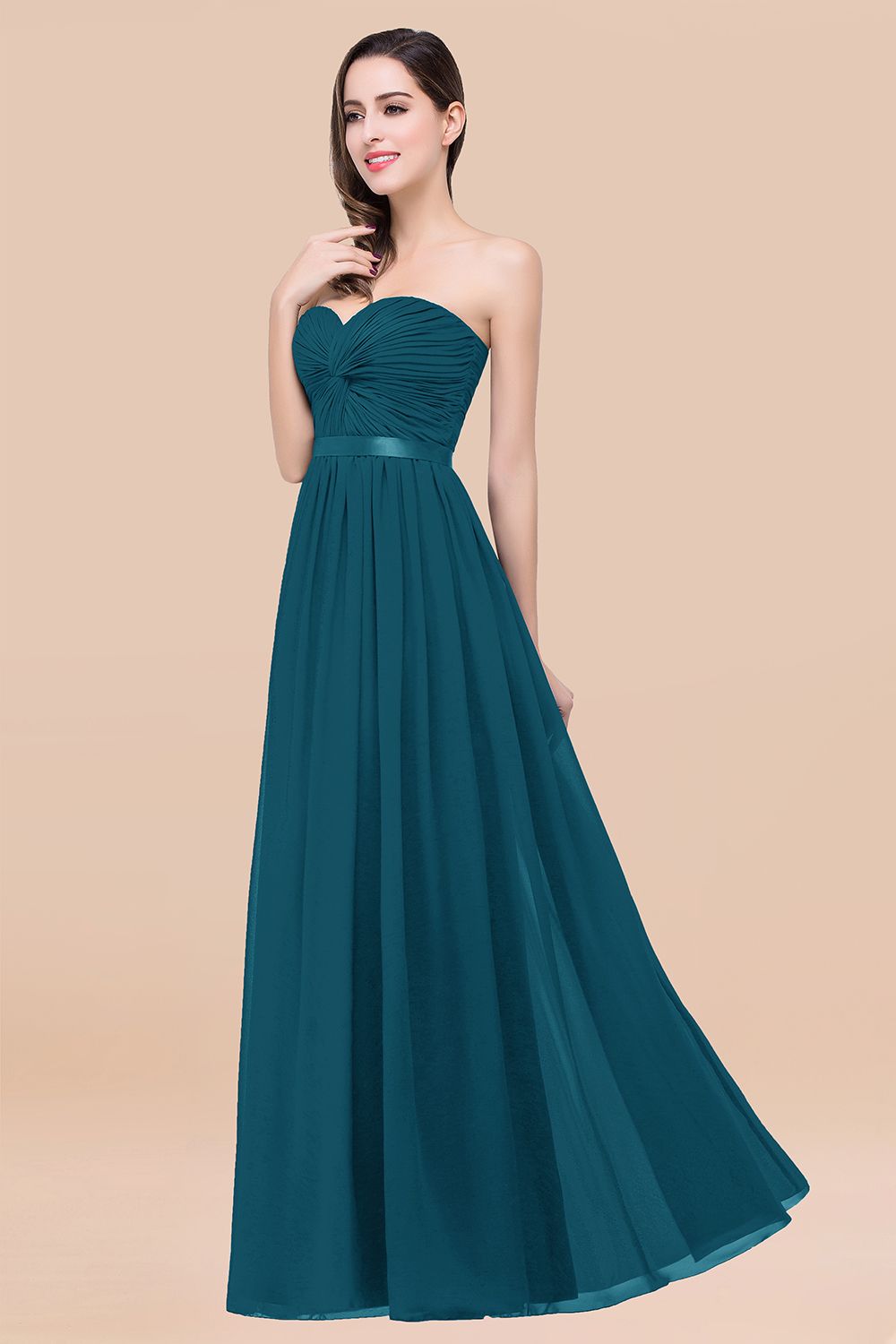 Affordable Sweetheart Ruffle Navy Chiffon Bridesmaid Dresses With Ribbon - Fashionpara