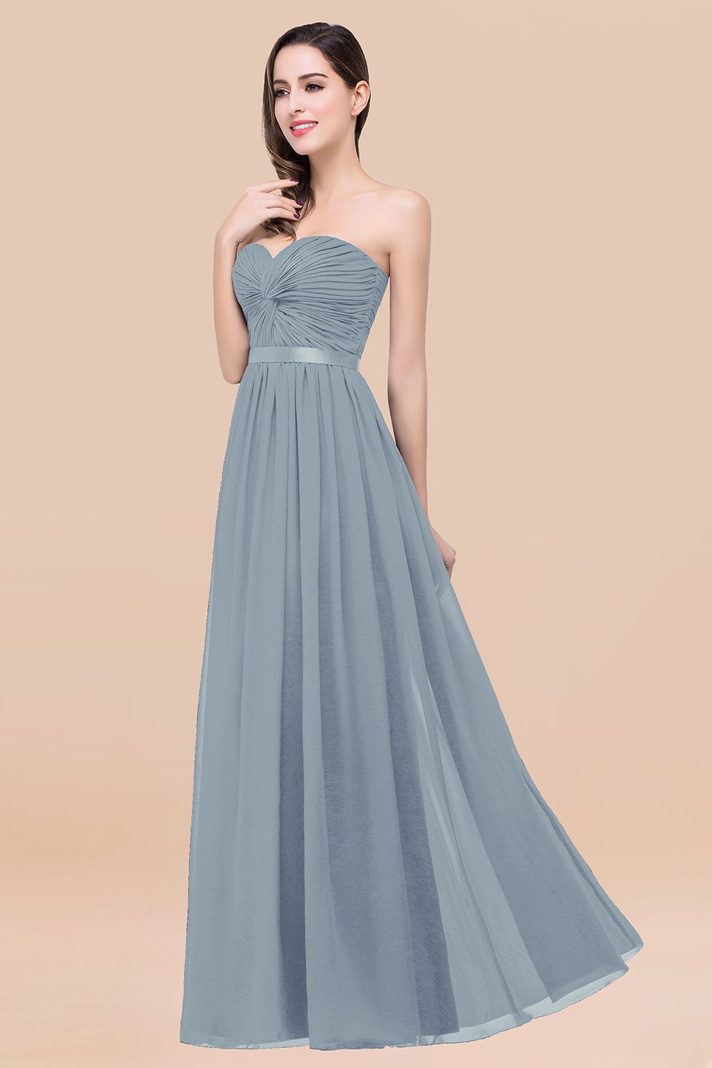 Affordable Sweetheart Ruffle Navy Chiffon Bridesmaid Dresses With Ribbon