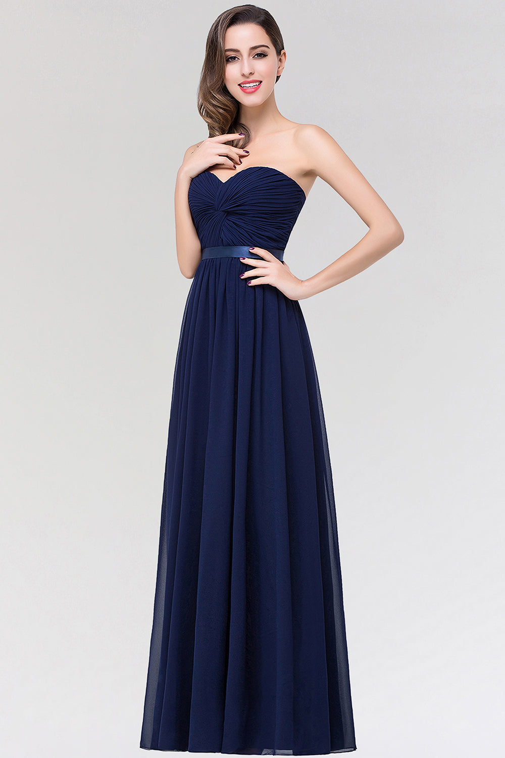 Affordable Sweetheart Ruffle Navy Chiffon Bridesmaid Dresses With Ribbon