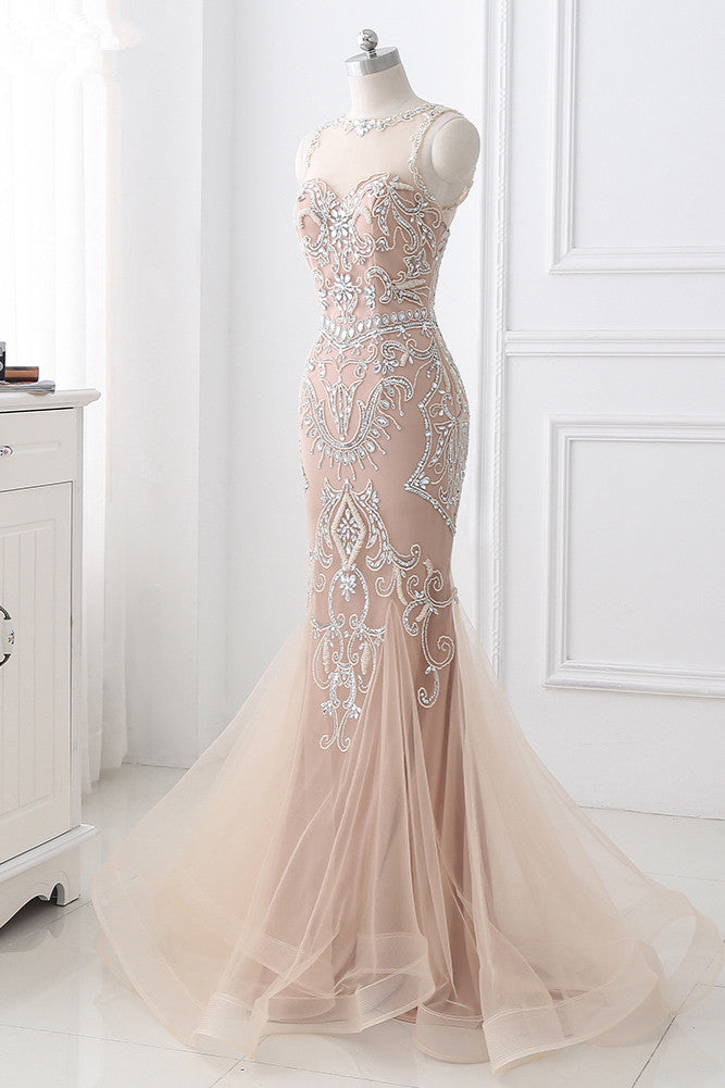 Affordable Tulle Jewel Sleeveless Mermaid Prom Dress with Appliques - Fashionpara