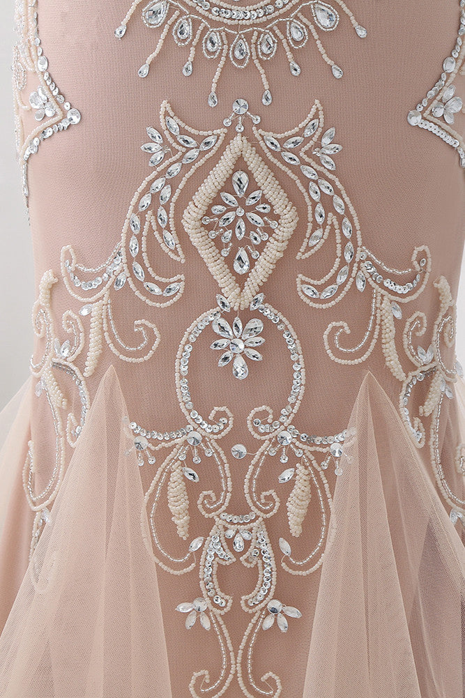 Affordable Tulle Jewel Sleeveless Mermaid Prom Dress with Appliques - Fashionpara