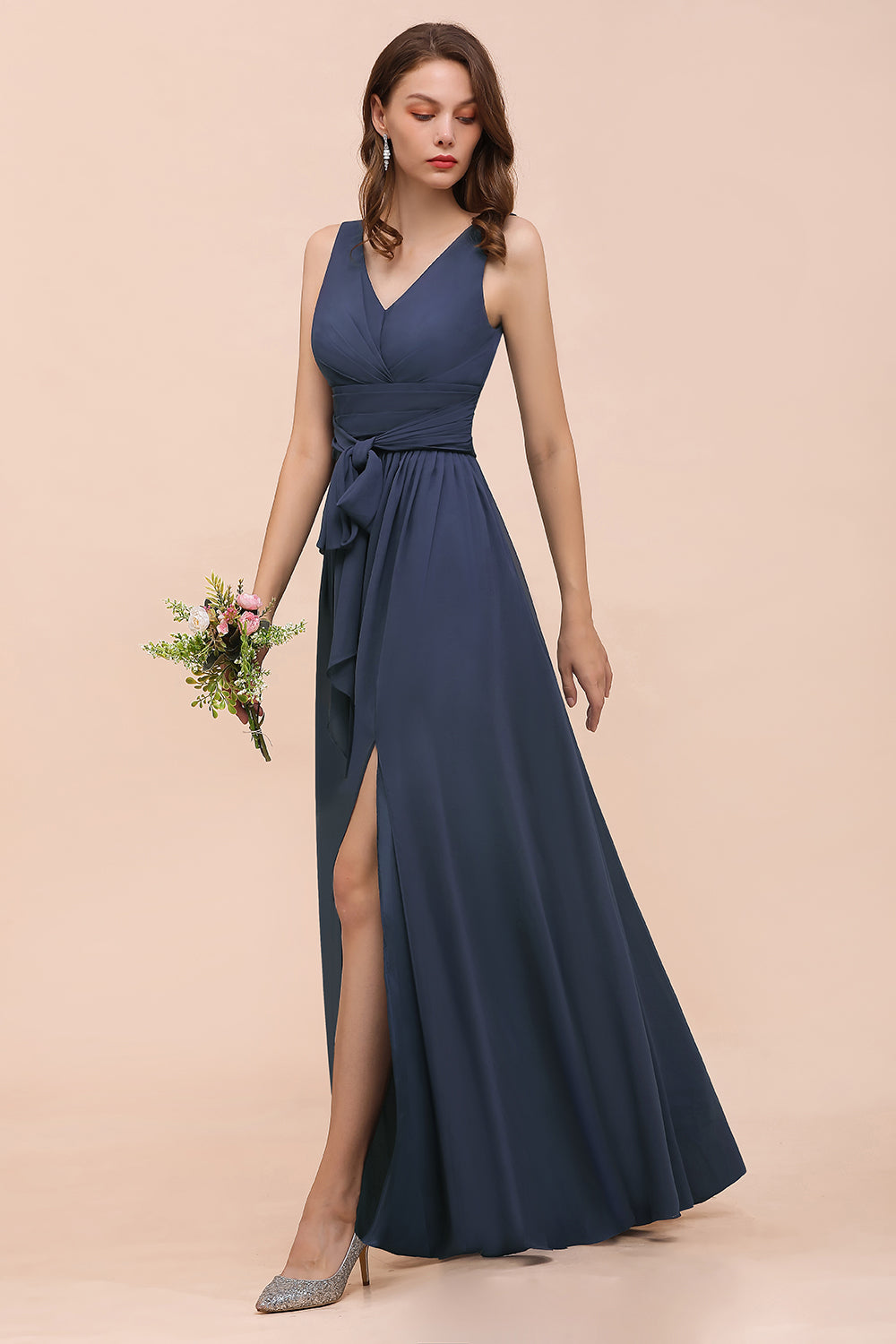 Affordable V-Neck Chiffon Long Stormy Bridesmaid Dresses With Slit - Fashionpara