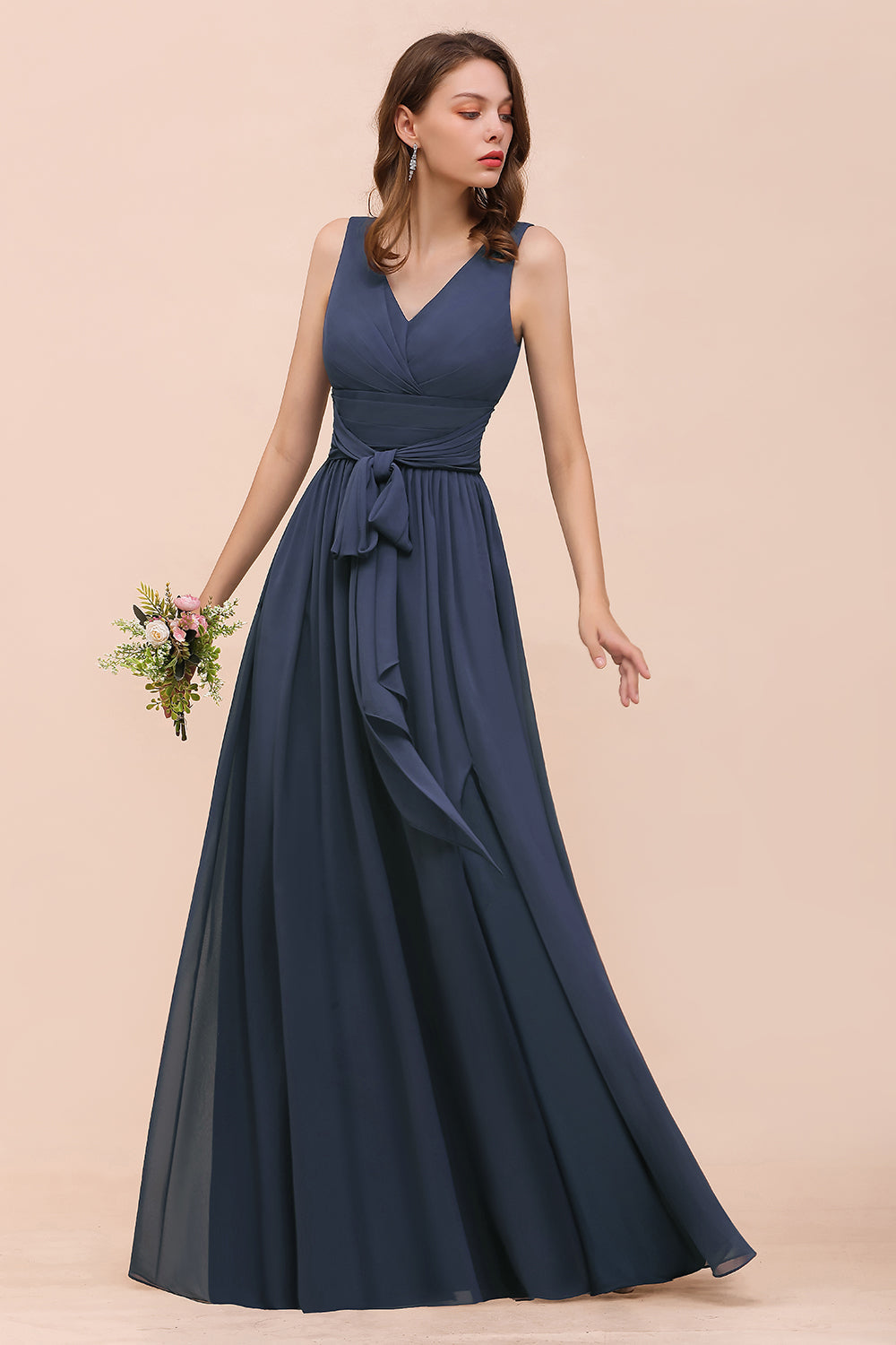 Affordable V-Neck Chiffon Long Stormy Bridesmaid Dresses With Slit - Fashionpara