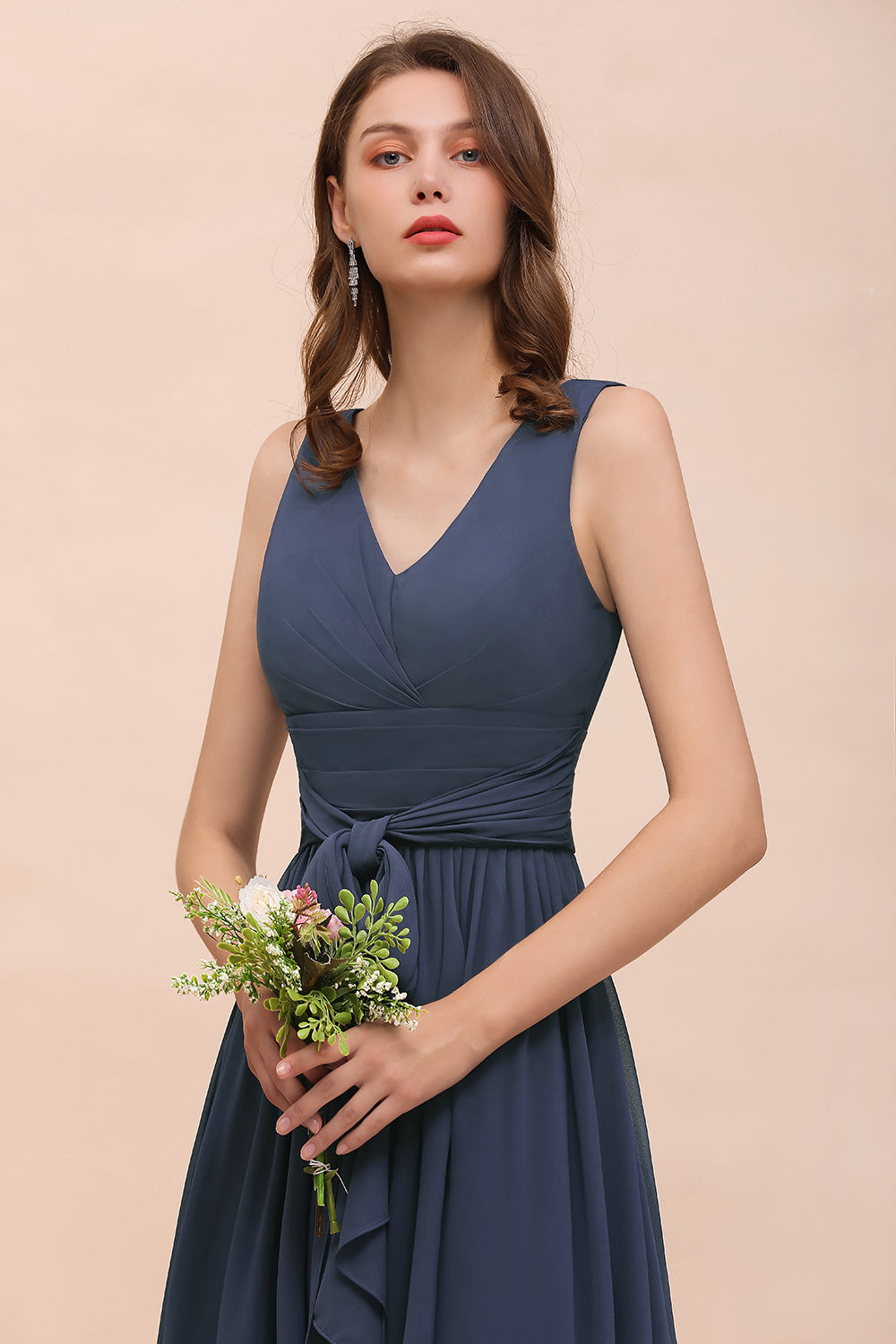 Affordable V-Neck Chiffon Long Stormy Bridesmaid Dresses With Slit - Fashionpara