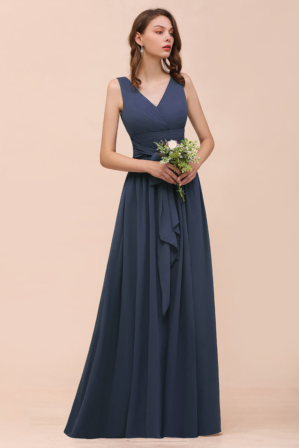 Affordable V-Neck Chiffon Long Stormy Bridesmaid Dresses With Slit - Fashionpara