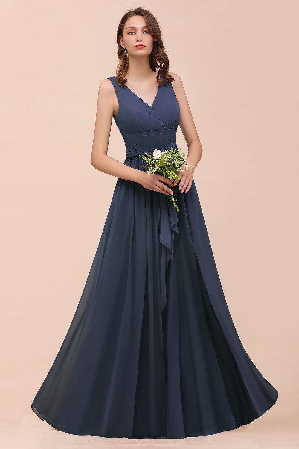 Affordable V-Neck Chiffon Long Stormy Bridesmaid Dresses With Slit - Fashionpara