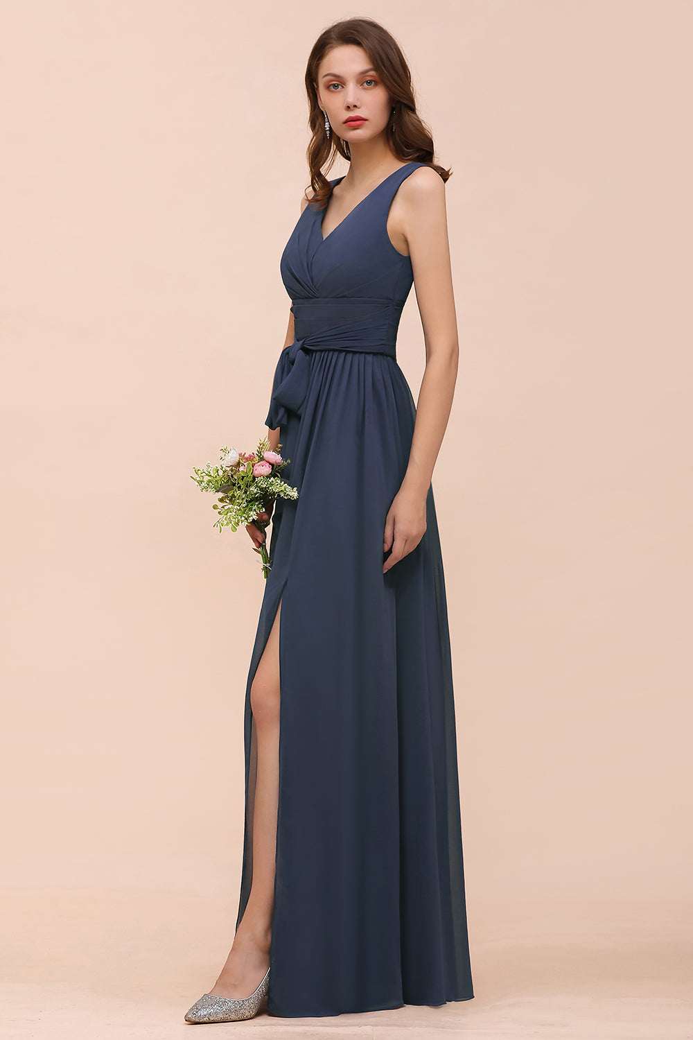 Affordable V-Neck Chiffon Long Stormy Bridesmaid Dresses With Slit - Fashionpara