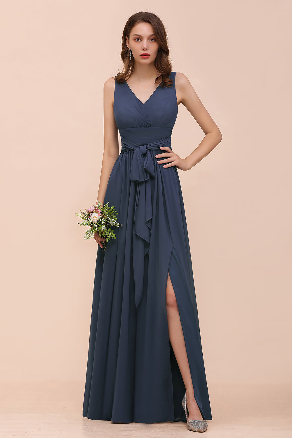 Affordable V-Neck Chiffon Long Stormy Bridesmaid Dresses With Slit - Fashionpara