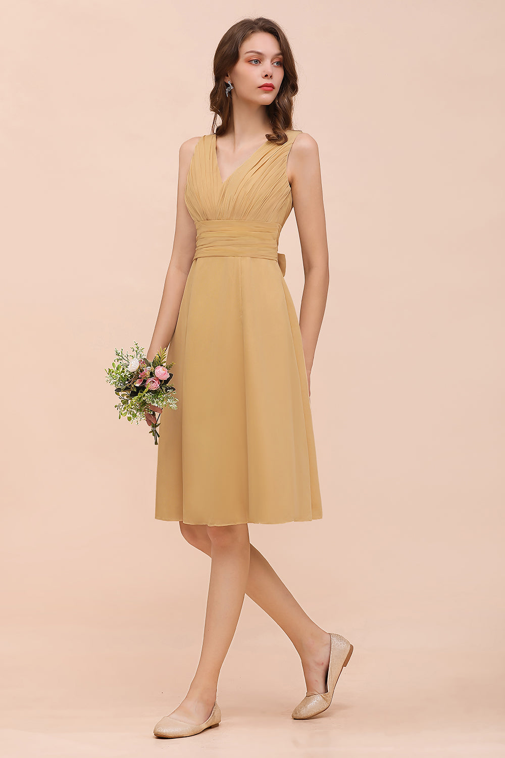 Affordable V-Neck Ruffle Gold Short Bridesmaid dresses with Bow - Fashionpara