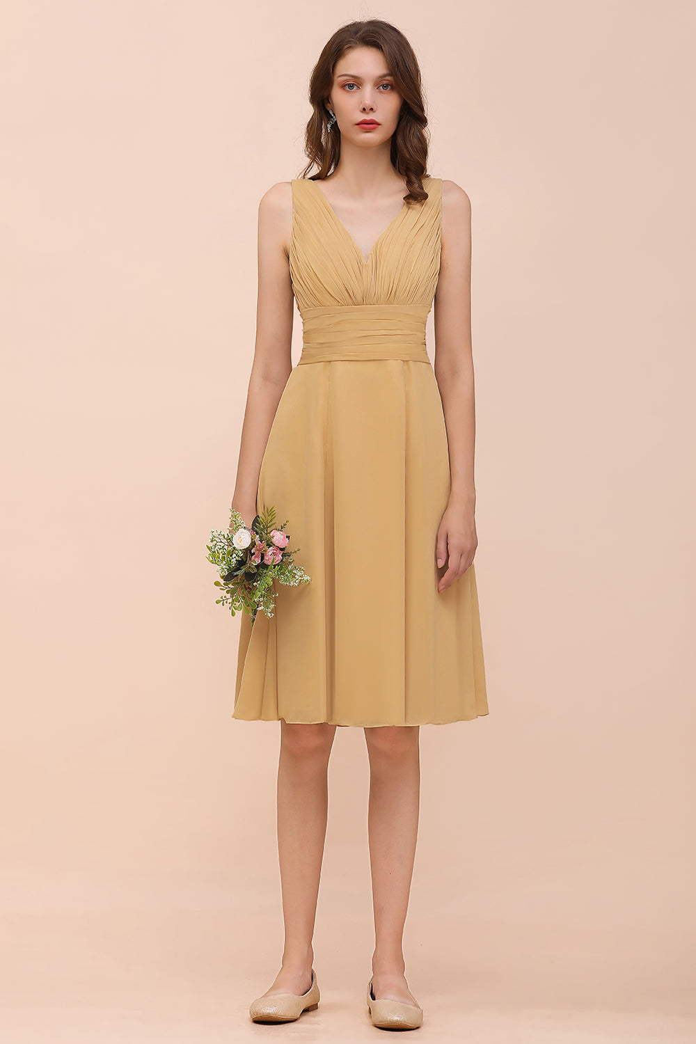 Affordable V-Neck Ruffle Gold Short Bridesmaid dresses with Bow - Fashionpara