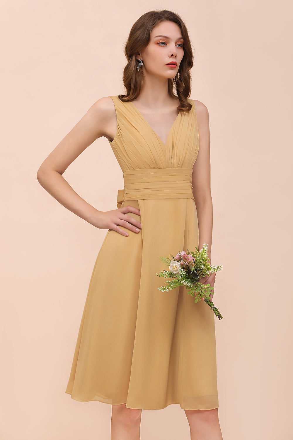 Affordable V-Neck Ruffle Gold Short Bridesmaid dresses with Bow - Fashionpara
