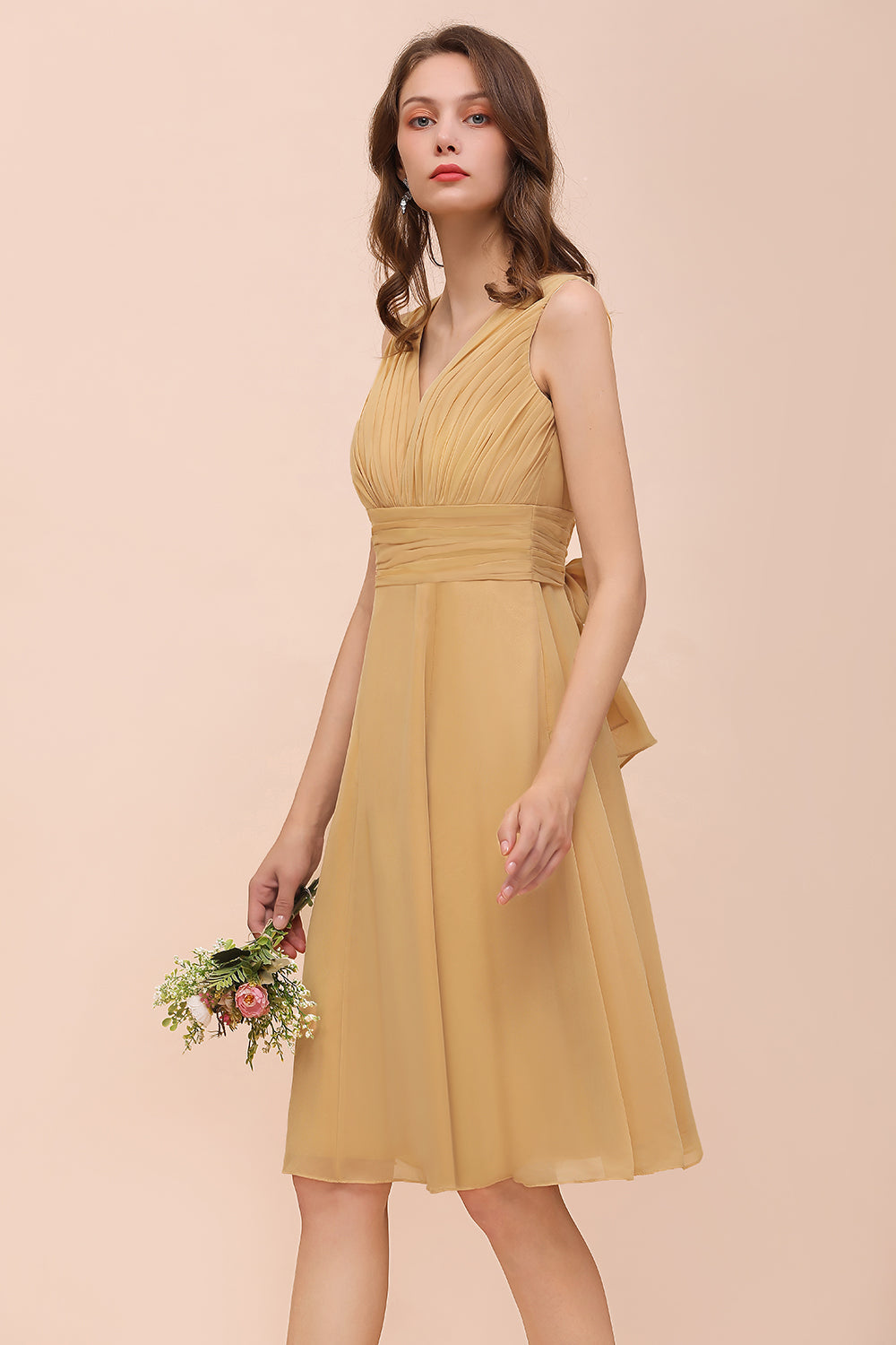 Affordable V-Neck Ruffle Gold Short Bridesmaid dresses with Bow - Fashionpara
