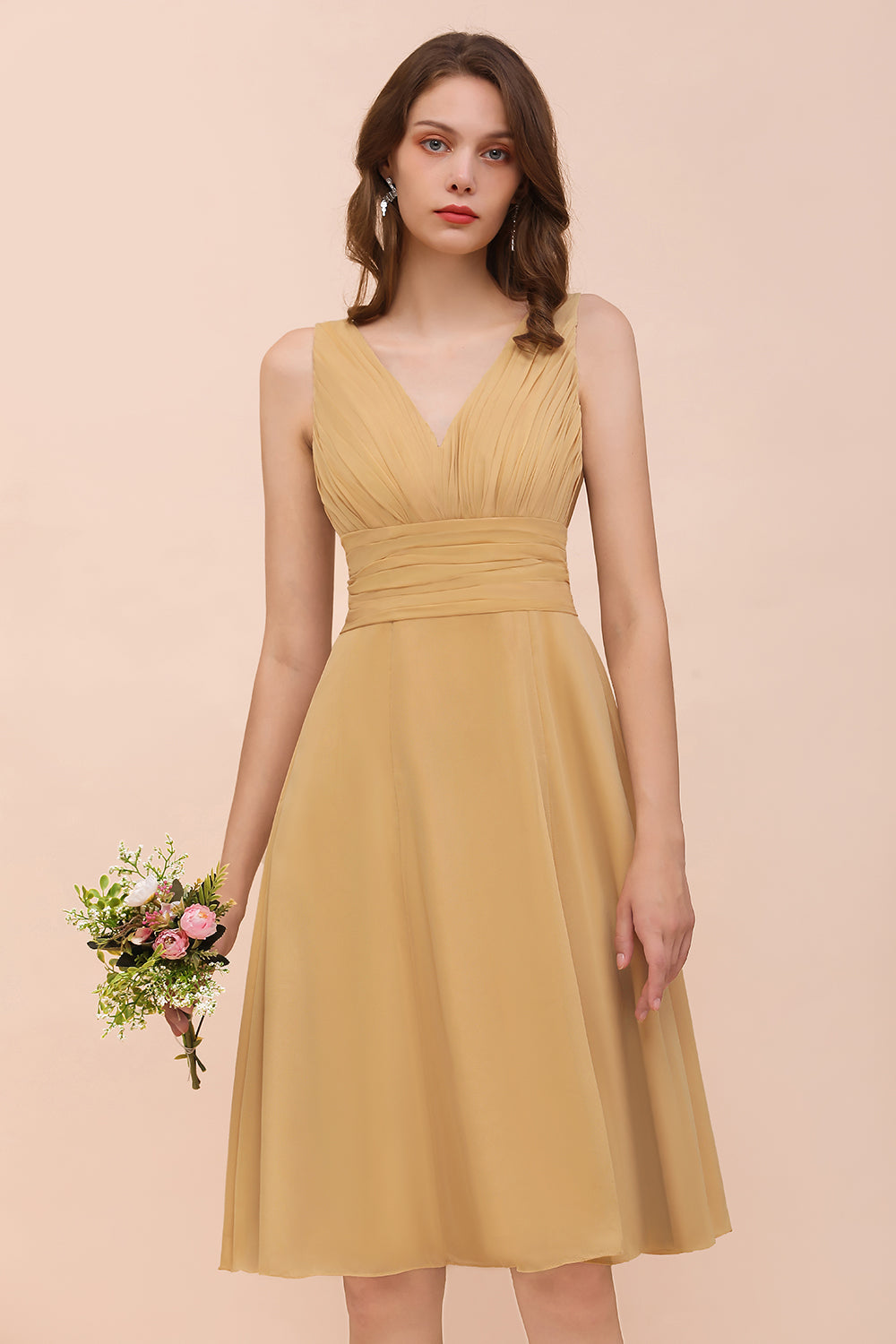 Affordable V-Neck Ruffle Gold Short Bridesmaid dresses with Bow - Fashionpara