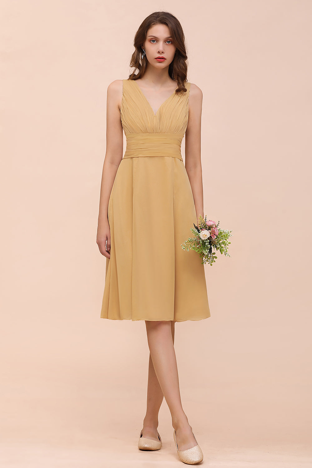 Affordable V-Neck Ruffle Gold Short Bridesmaid dresses with Bow - Fashionpara