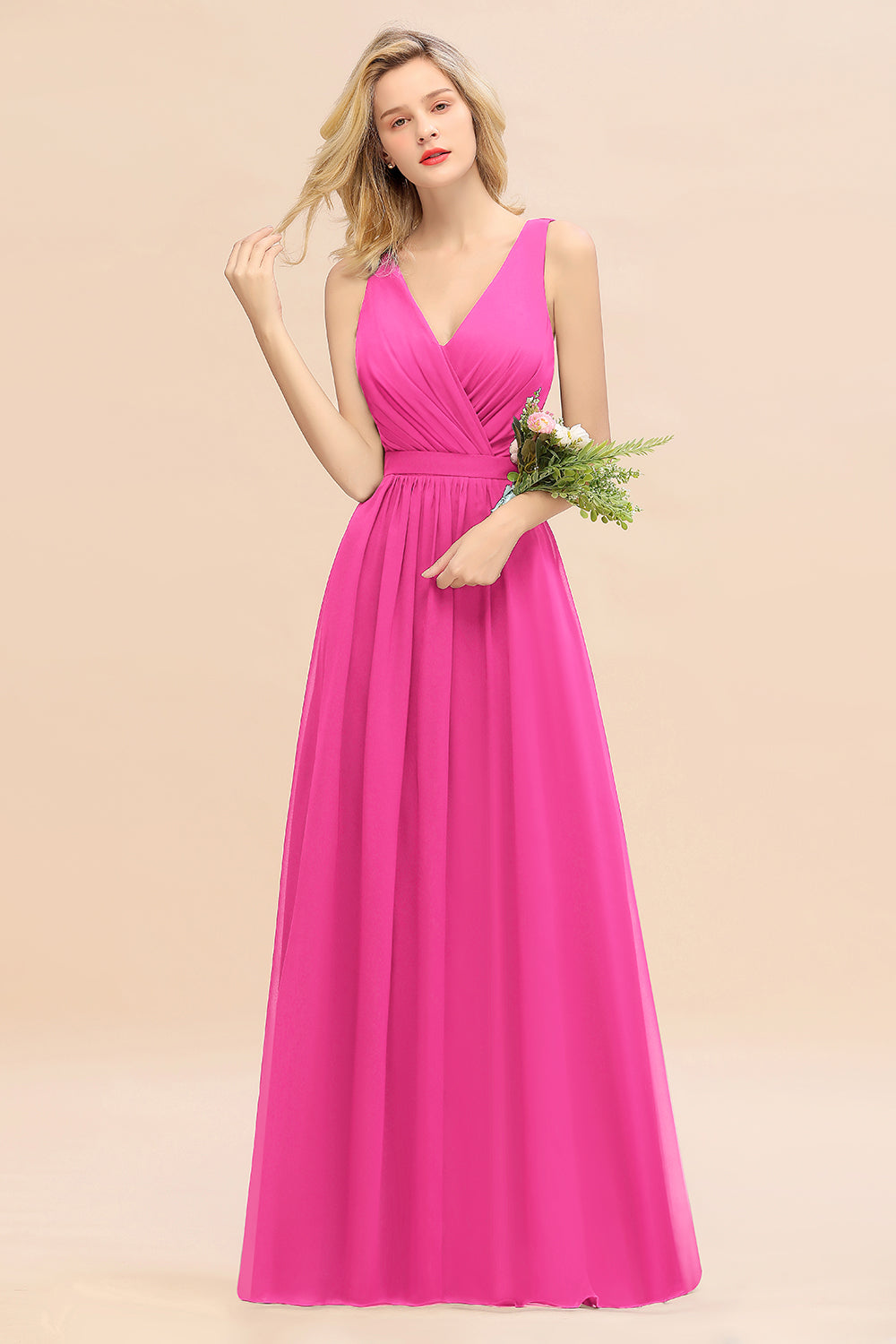 Affordable V-Neck Ruffle Long Grape Chiffon Bridesmaid Dresses with Bow - Fashionpara