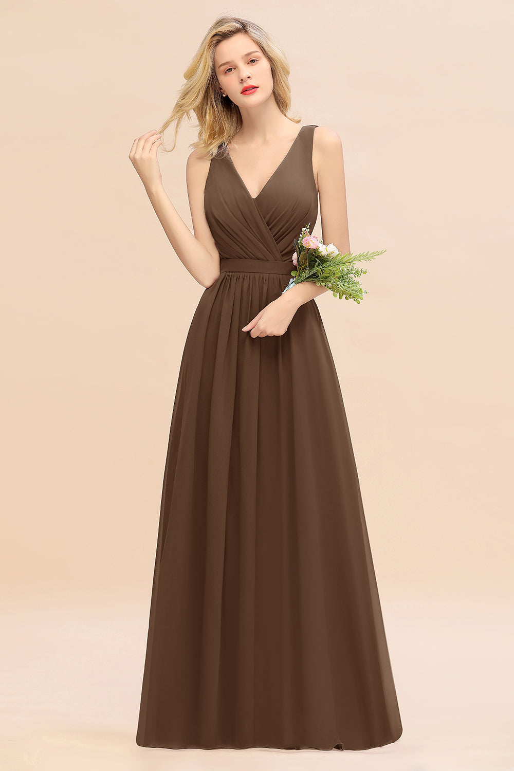 Affordable V-Neck Ruffle Long Grape Chiffon Bridesmaid Dresses with Bow - Fashionpara