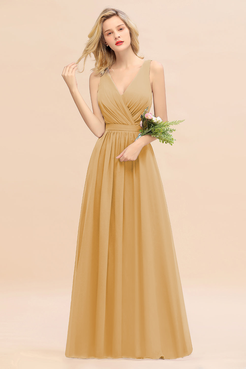 Affordable V-Neck Ruffle Long Grape Chiffon Bridesmaid Dresses with Bow - Fashionpara