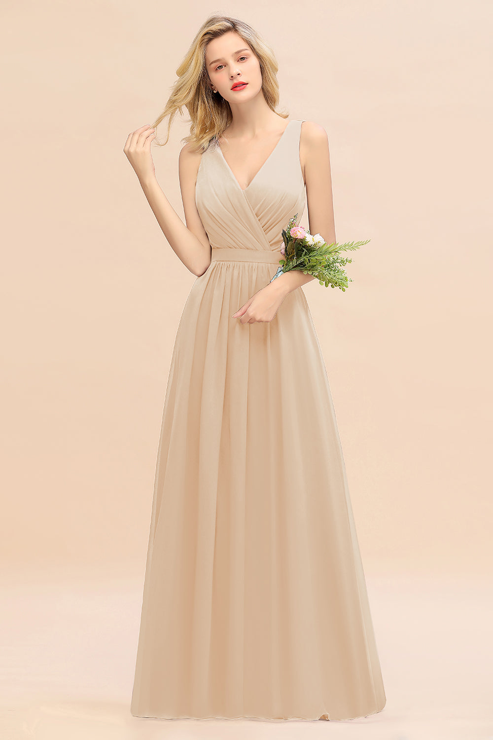 Affordable V-Neck Ruffle Long Grape Chiffon Bridesmaid Dresses with Bow - Fashionpara