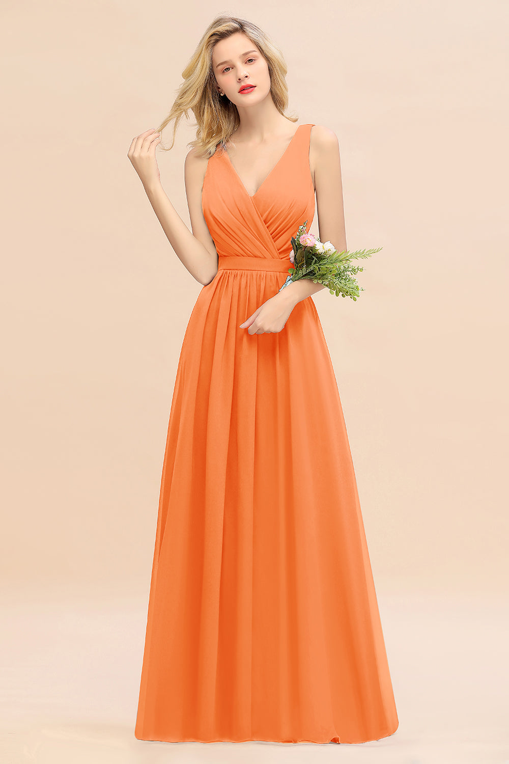 Affordable V-Neck Ruffle Long Grape Chiffon Bridesmaid Dresses with Bow - Fashionpara