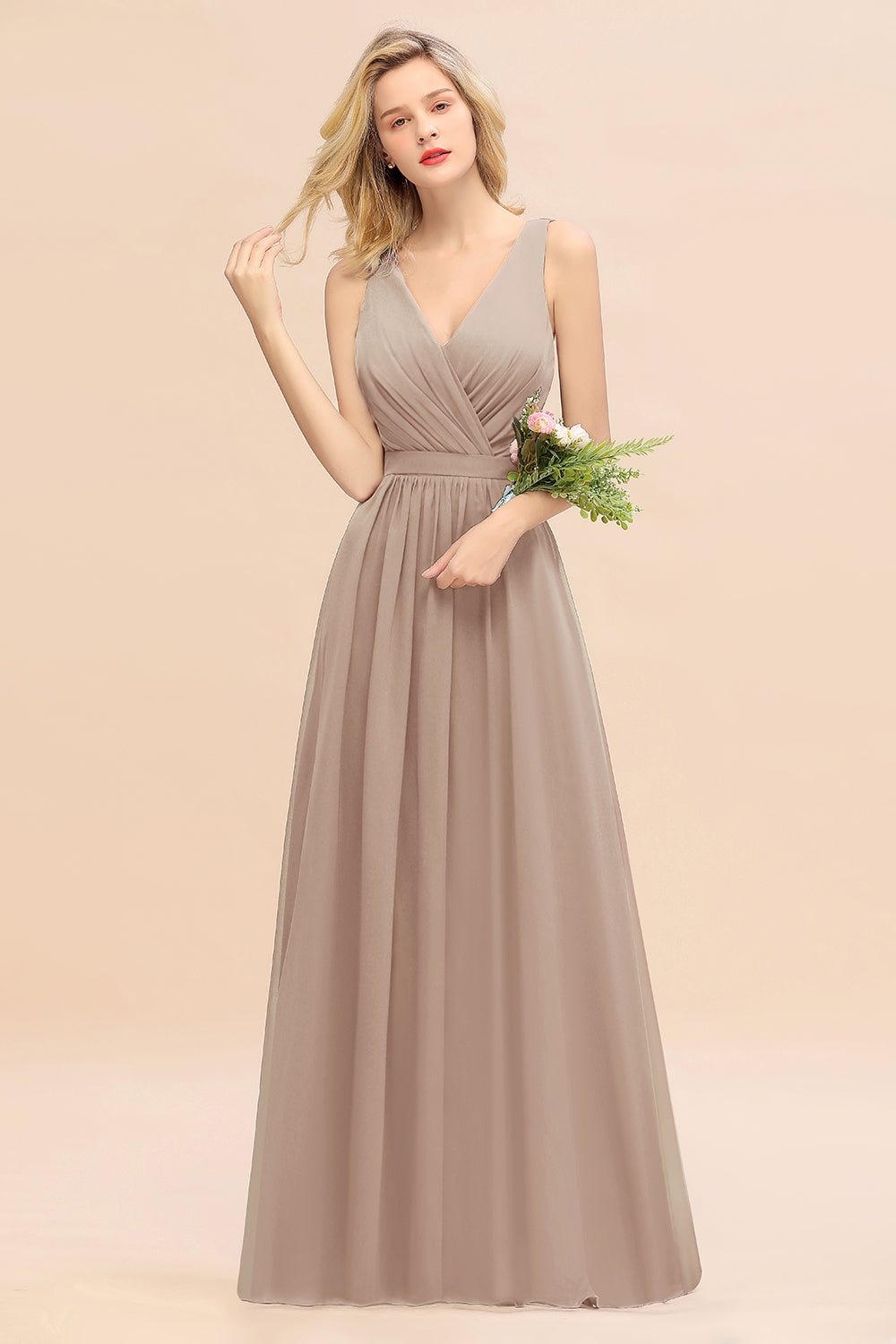 Affordable V-Neck Ruffle Long Grape Chiffon Bridesmaid Dresses with Bow - Fashionpara