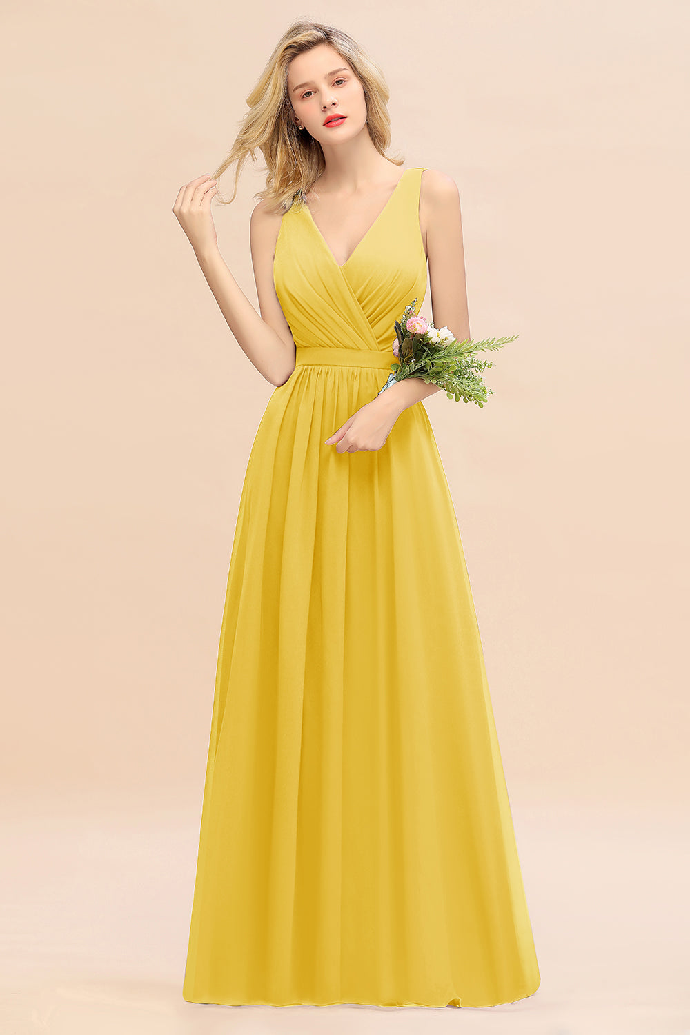 Affordable V-Neck Ruffle Long Grape Chiffon Bridesmaid Dresses with Bow - Fashionpara