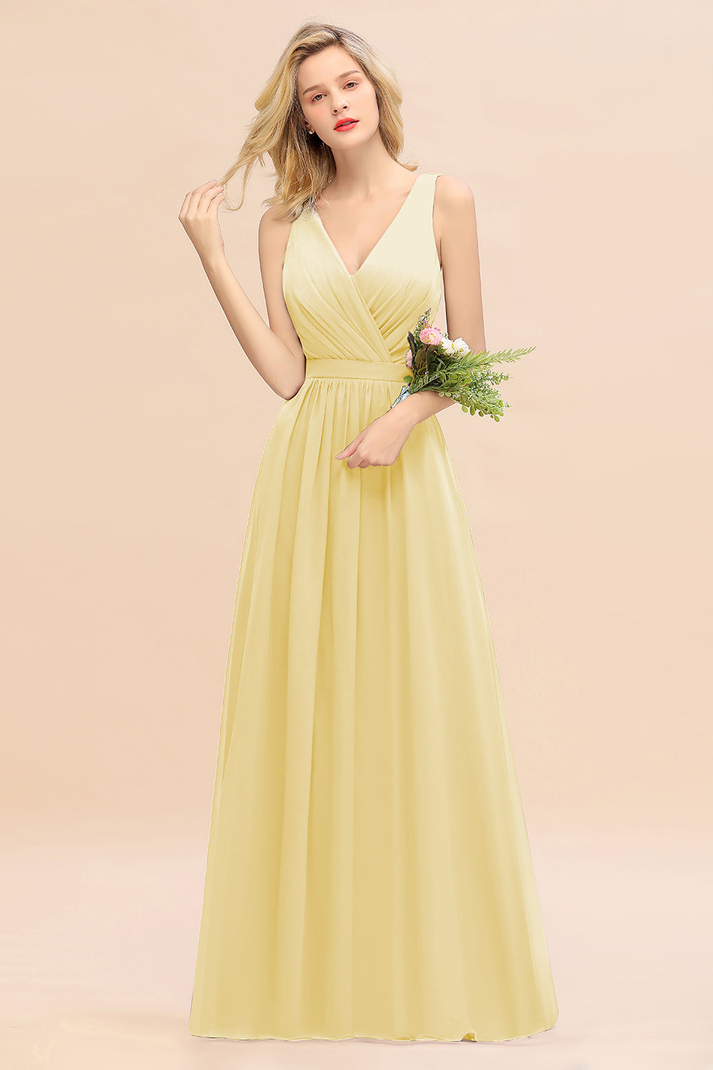Affordable V-Neck Ruffle Long Grape Chiffon Bridesmaid Dresses with Bow - Fashionpara