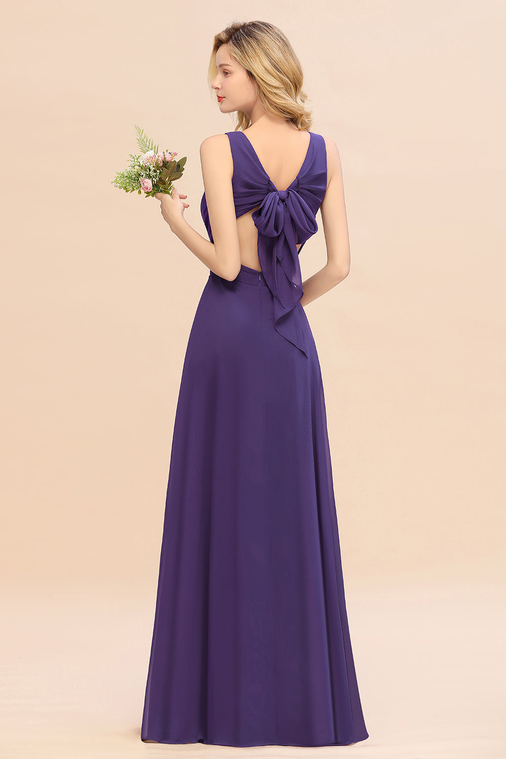 Affordable V-Neck Ruffle Long Grape Chiffon Bridesmaid Dresses with Bow - Fashionpara