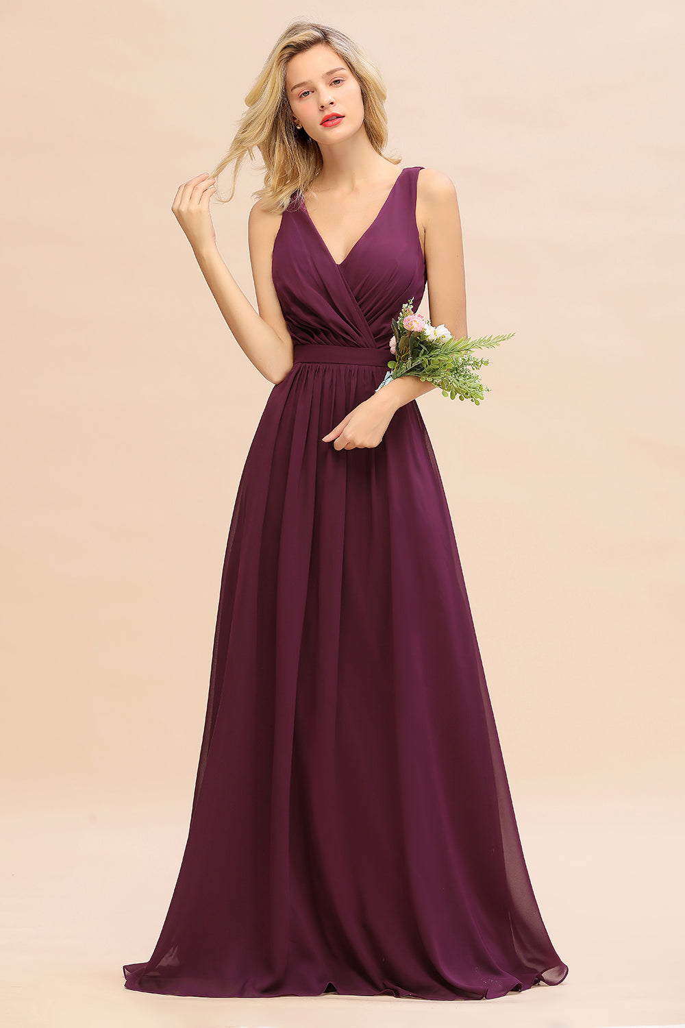 Affordable V-Neck Ruffle Long Grape Chiffon Bridesmaid Dresses with Bow - Fashionpara