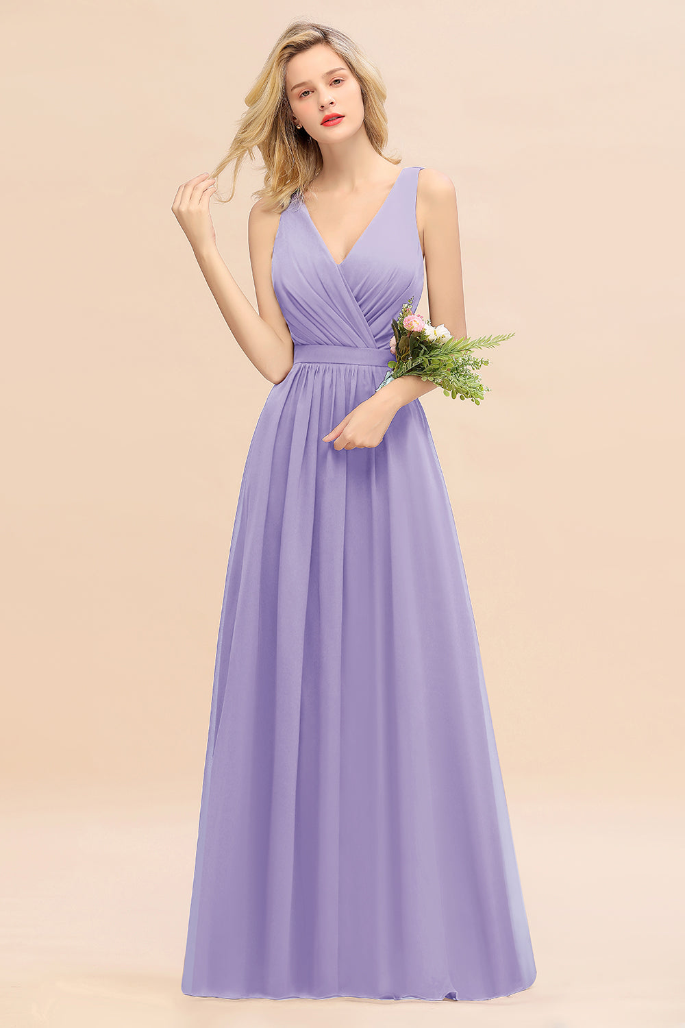 Affordable V-Neck Ruffle Long Grape Chiffon Bridesmaid Dresses with Bow - Fashionpara