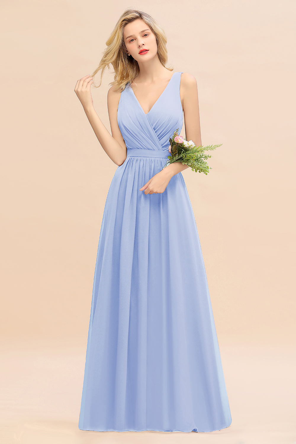Affordable V-Neck Ruffle Long Grape Chiffon Bridesmaid Dresses with Bow - Fashionpara