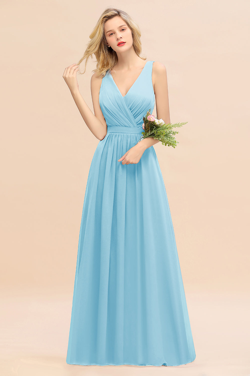 Affordable V-Neck Ruffle Long Grape Chiffon Bridesmaid Dresses with Bow - Fashionpara