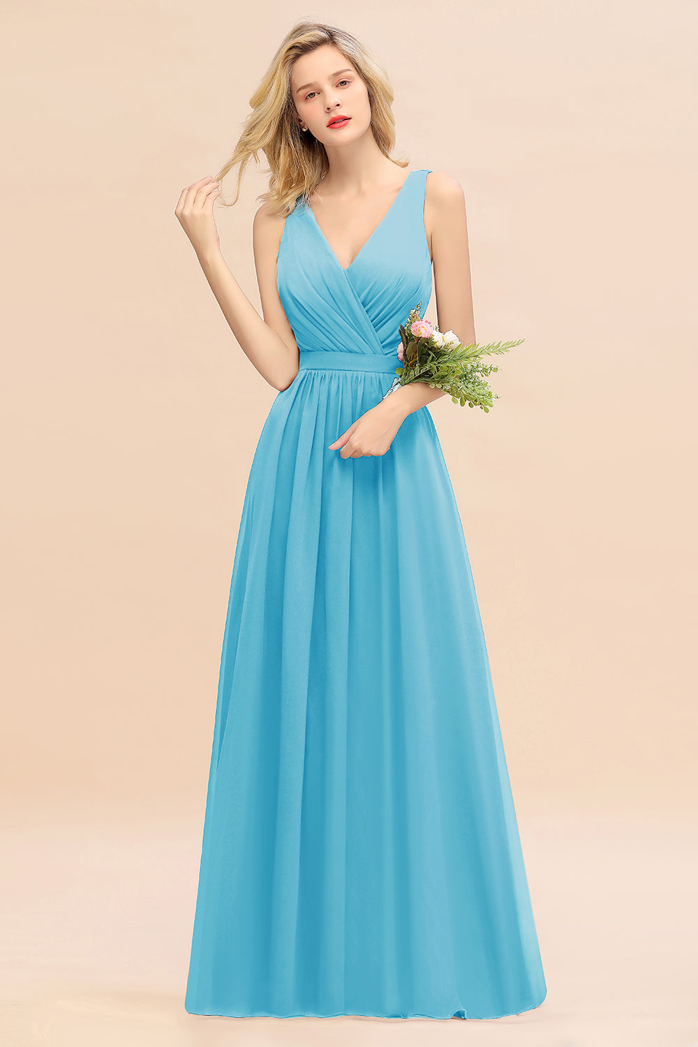Affordable V-Neck Ruffle Long Grape Chiffon Bridesmaid Dresses with Bow - Fashionpara