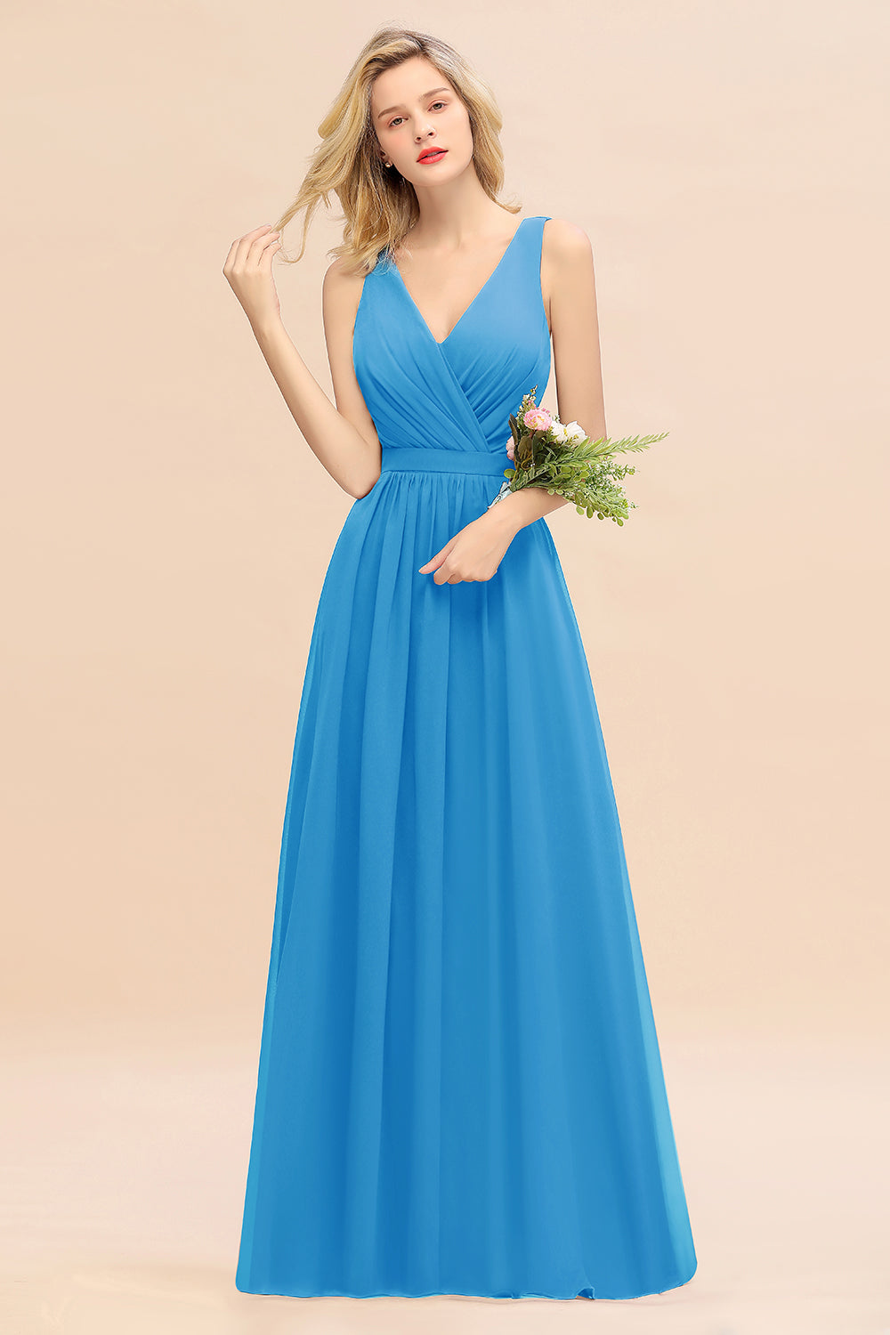 Affordable V-Neck Ruffle Long Grape Chiffon Bridesmaid Dresses with Bow - Fashionpara