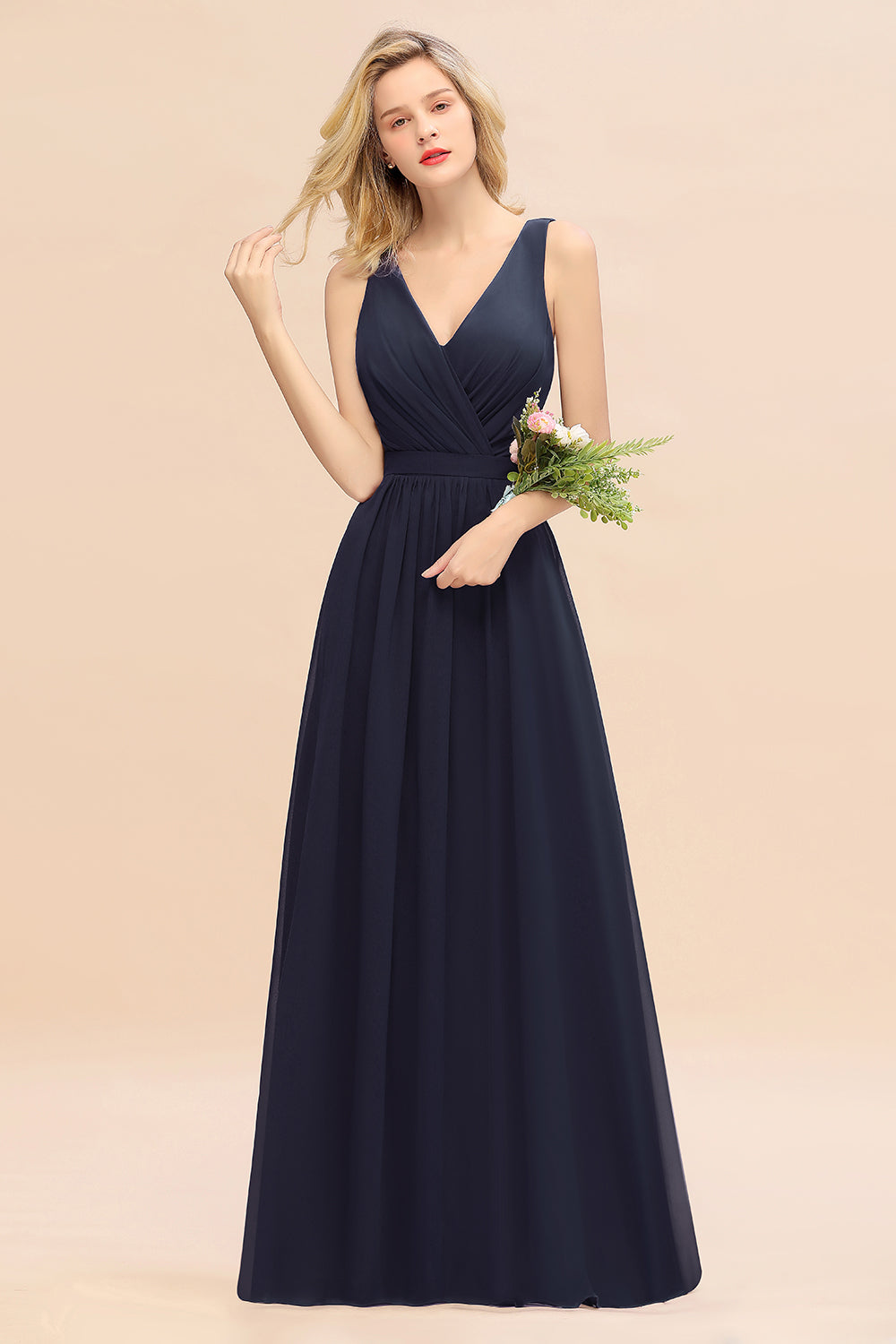 Affordable V-Neck Ruffle Long Grape Chiffon Bridesmaid Dresses with Bow - Fashionpara