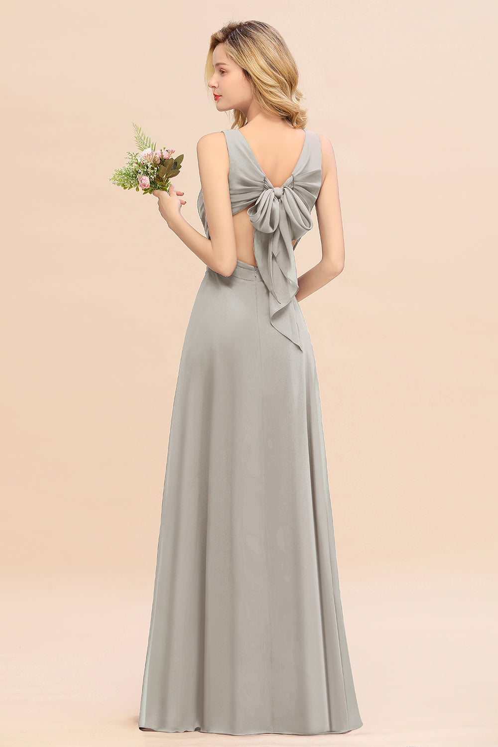 Affordable V-Neck Ruffle Long Grape Chiffon Bridesmaid Dresses with Bow - Fashionpara