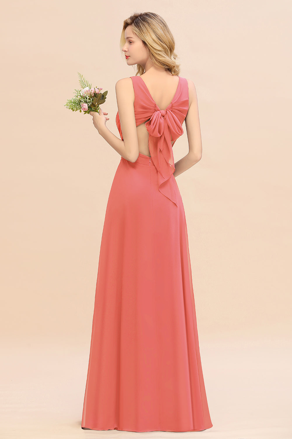 Affordable V-Neck Ruffle Long Grape Chiffon Bridesmaid Dresses with Bow - Fashionpara