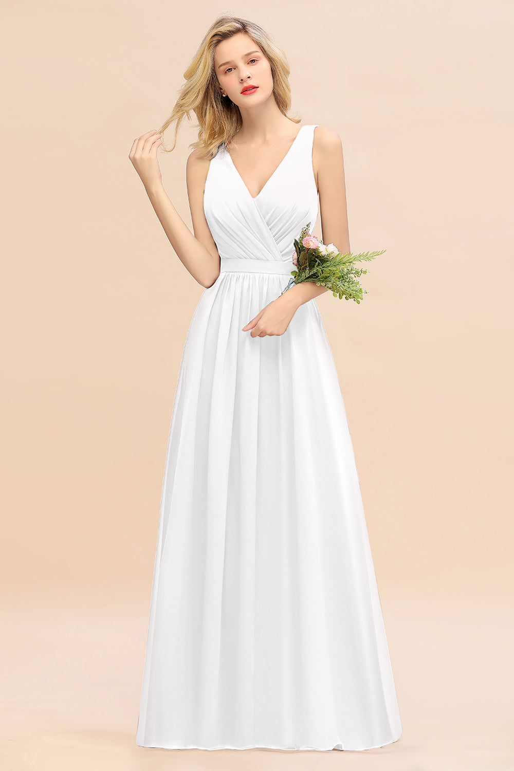 Affordable V-Neck Ruffle Long Grape Chiffon Bridesmaid Dresses with Bow - Fashionpara