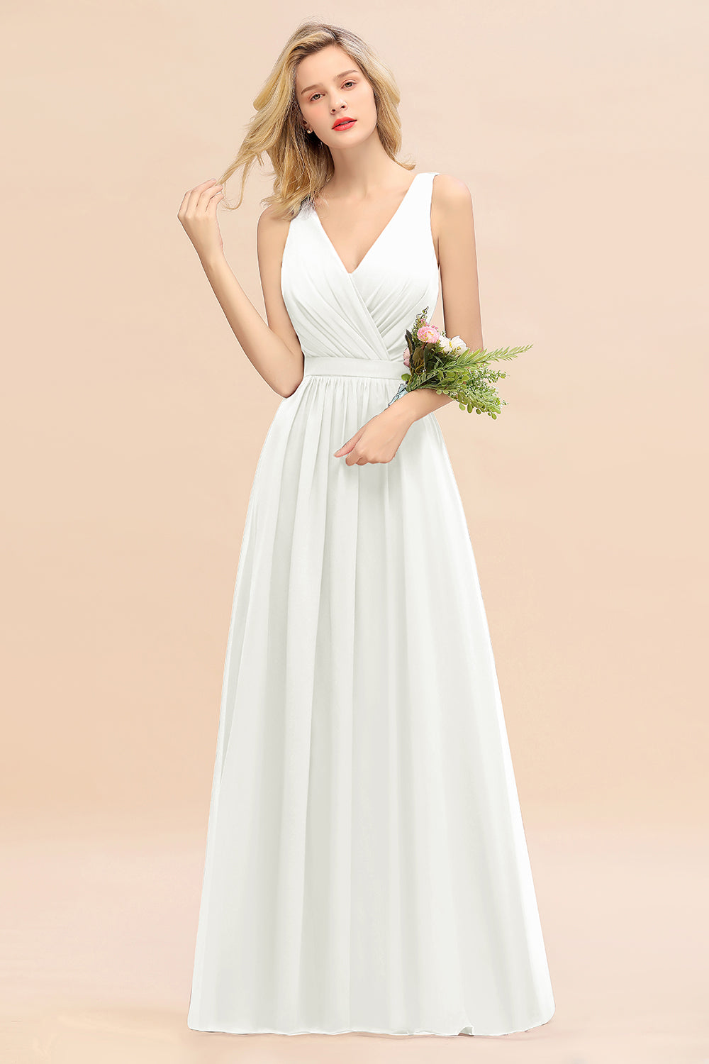 Affordable V-Neck Ruffle Long Grape Chiffon Bridesmaid Dresses with Bow - Fashionpara