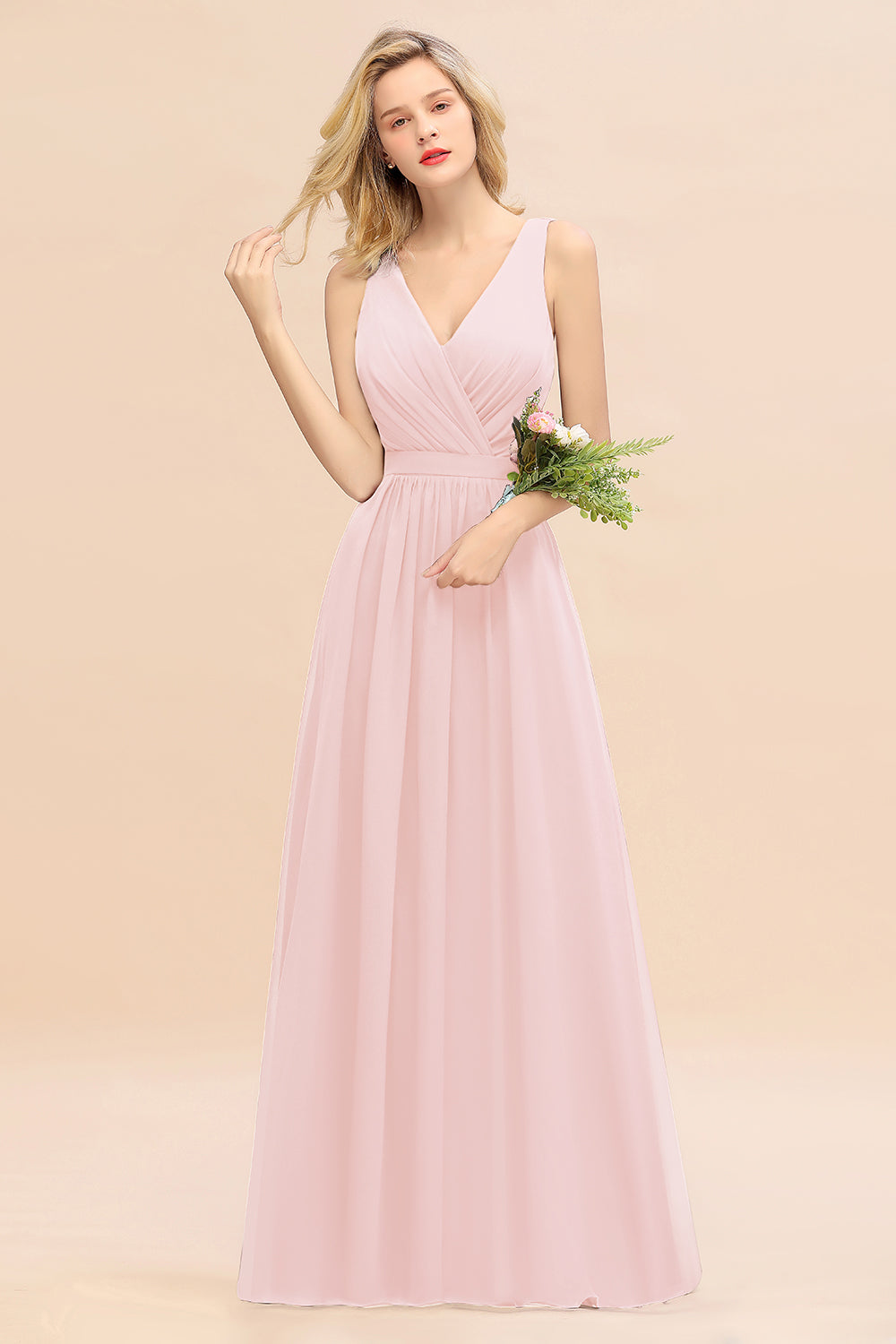 Affordable V-Neck Ruffle Long Grape Chiffon Bridesmaid Dresses with Bow - Fashionpara