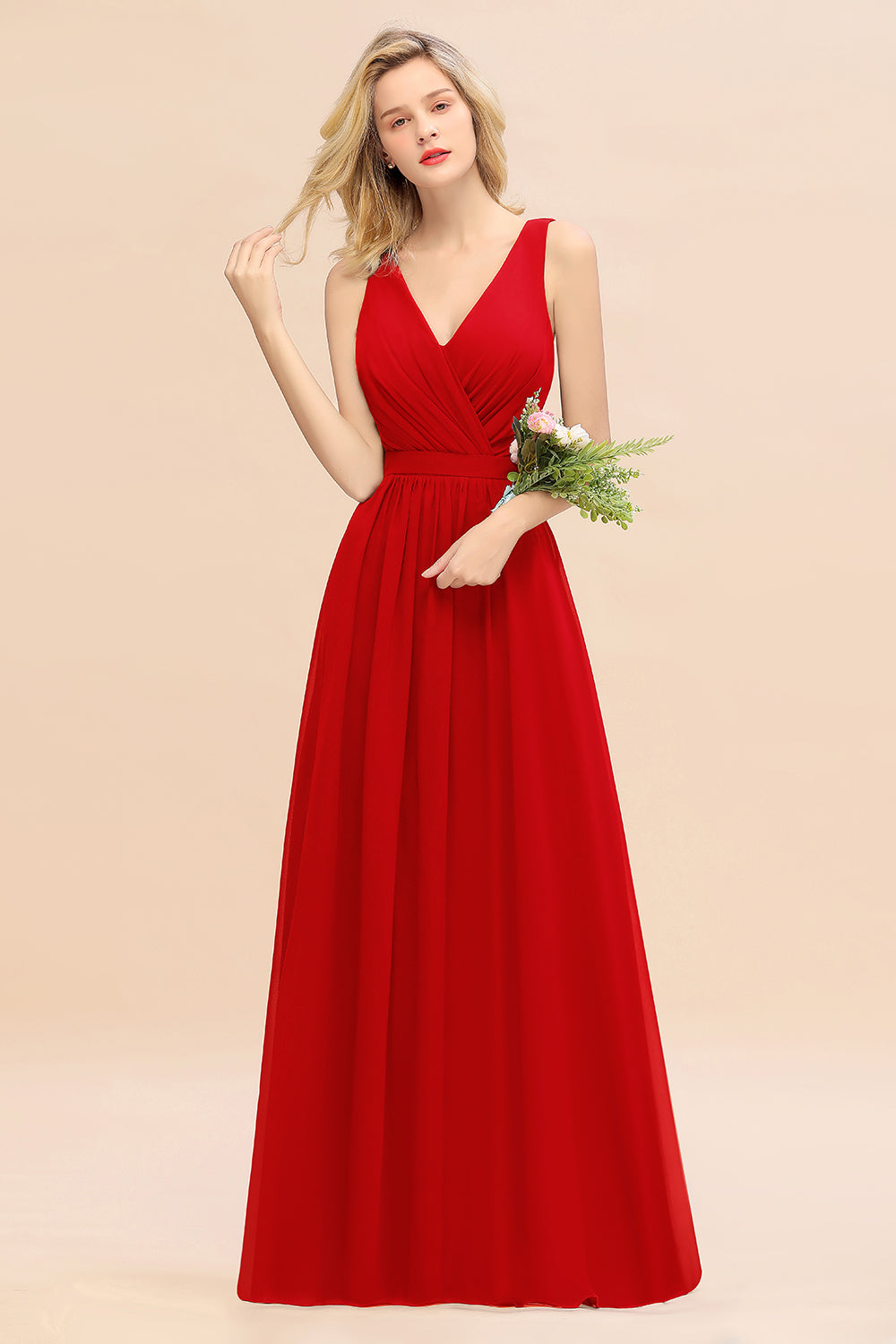 Affordable V-Neck Ruffle Long Grape Chiffon Bridesmaid Dresses with Bow - Fashionpara