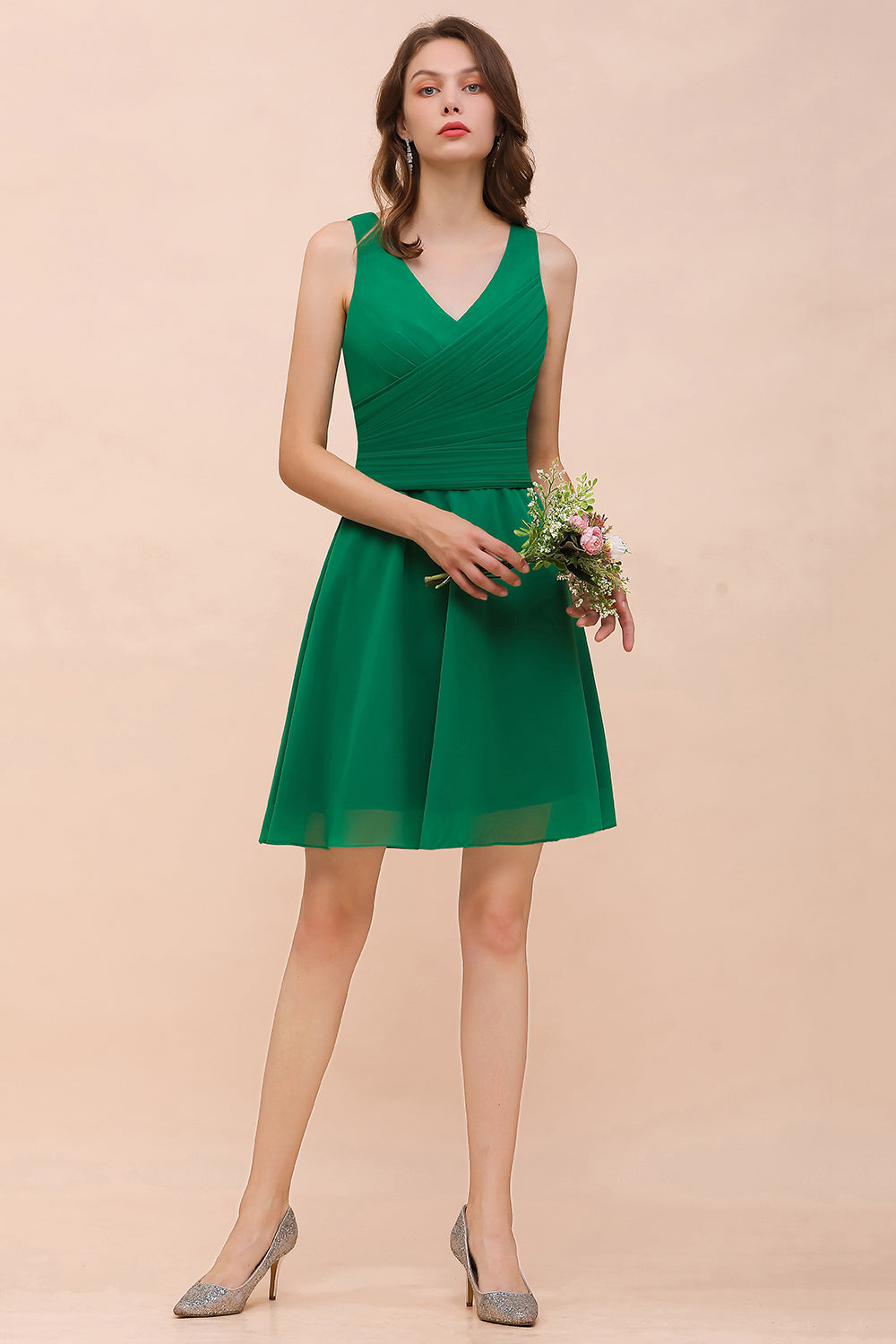 Affordable V-Neck Sleeveless Ruffle Short Bridesmaid Dresses - Fashionpara