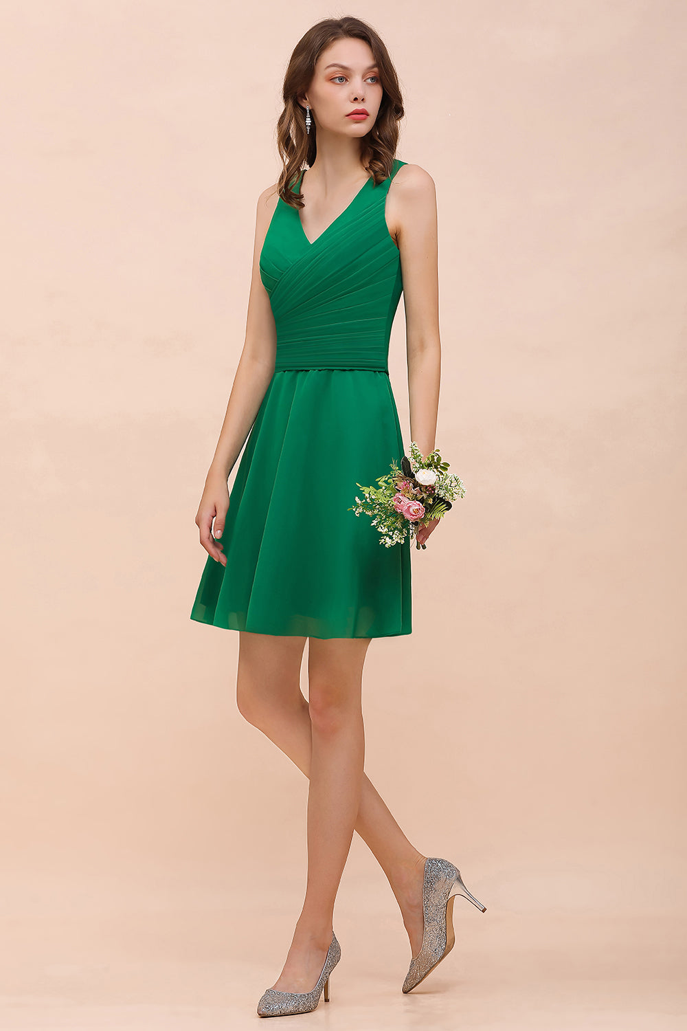 Affordable V-Neck Sleeveless Ruffle Short Bridesmaid Dresses - Fashionpara