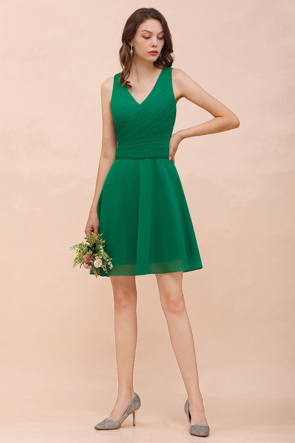Affordable V-Neck Sleeveless Ruffle Short Bridesmaid Dresses - Fashionpara