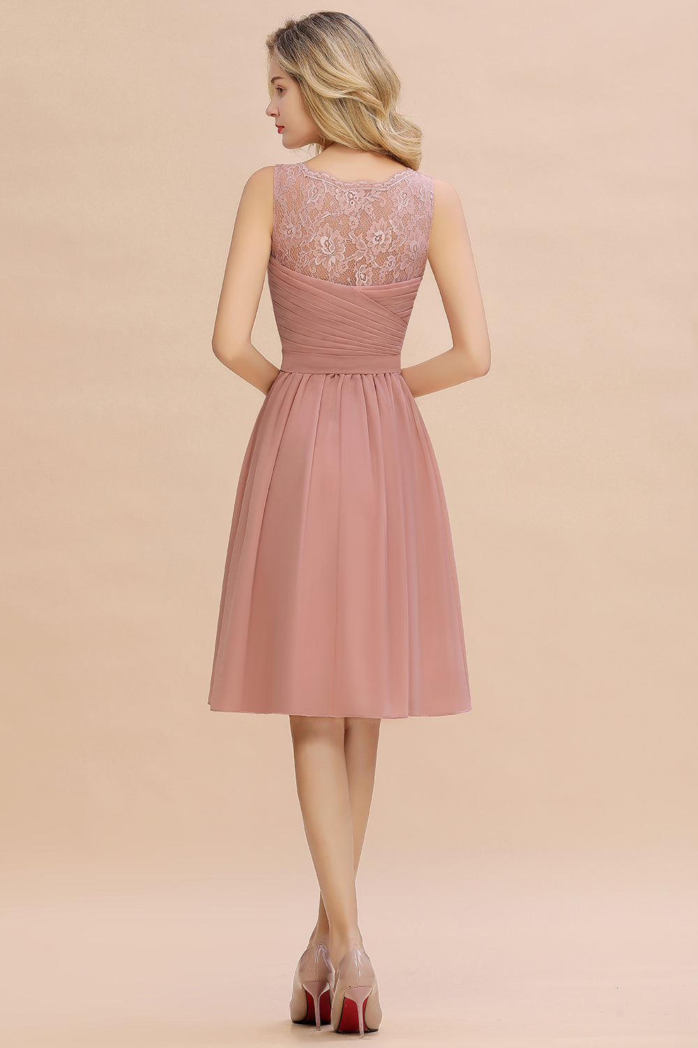 Affordable V-Neck Sleeveless Ruffles Short Lace Bridesmaid dresses - Fashionpara