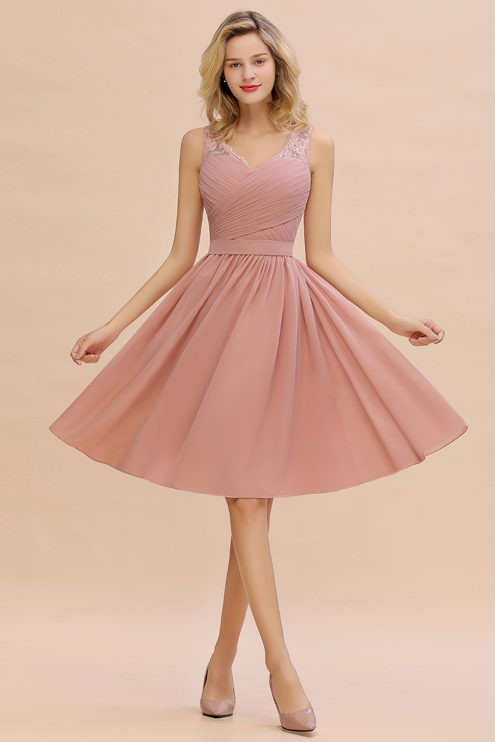 Affordable V-Neck Sleeveless Ruffles Short Lace Bridesmaid dresses - Fashionpara
