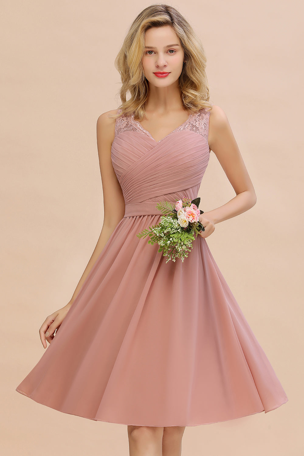 Affordable V-Neck Sleeveless Ruffles Short Lace Bridesmaid dresses - Fashionpara