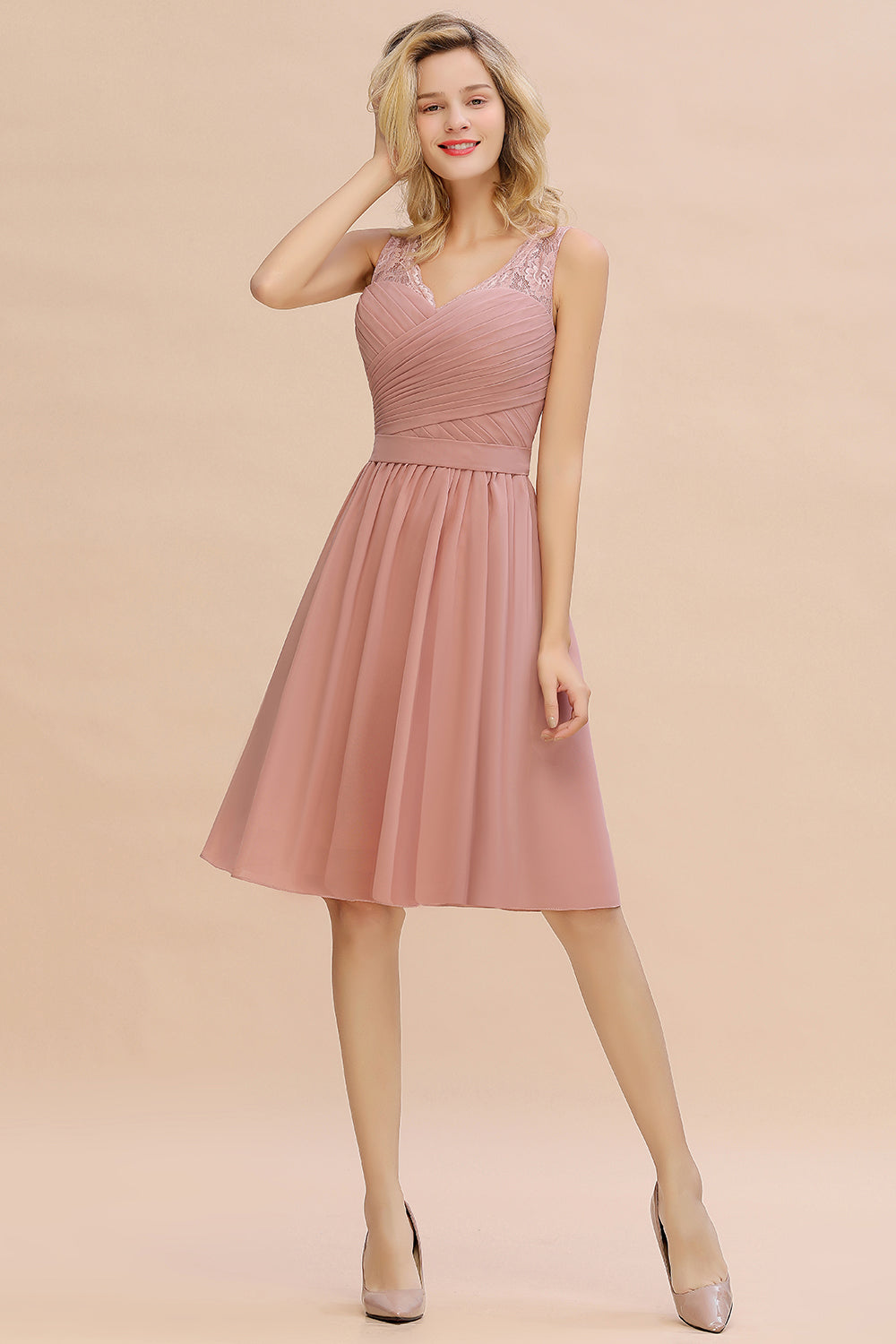 Affordable V-Neck Sleeveless Ruffles Short Lace Bridesmaid dresses - Fashionpara