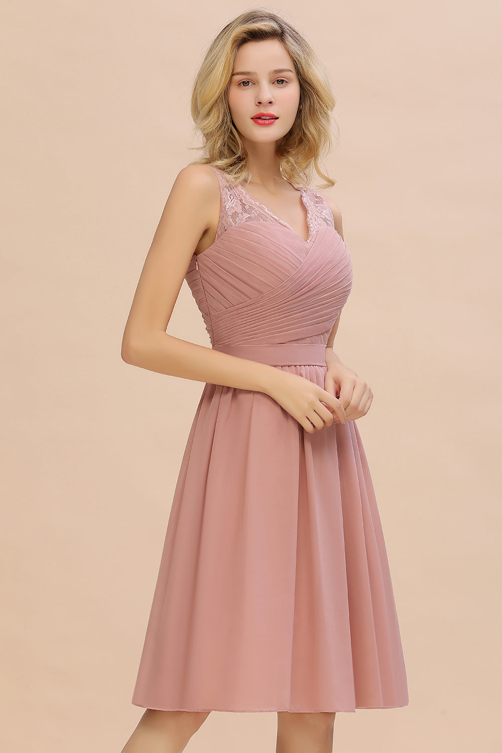 Affordable V-Neck Sleeveless Ruffles Short Lace Bridesmaid dresses - Fashionpara